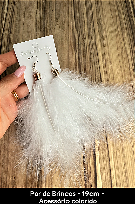 Par de Brincos de Penas Carnaval – 19cm – Acessório Cor Branco
