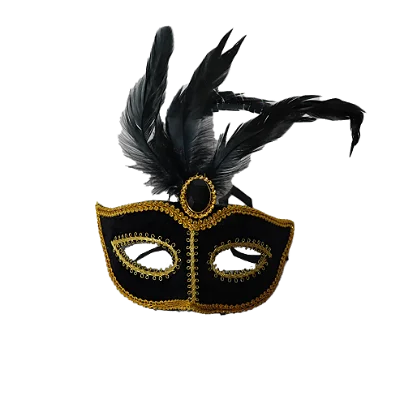 Máscara Encanto Preta com Dourado e Penas – 23 cm