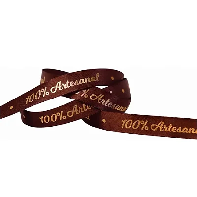 Fita de Cetim 100% Artesanal Marrom com Ouro – 15mm x 10m