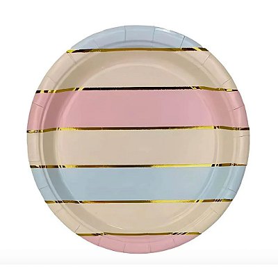 Pratos de Papel Arco-Íris Listras Metalizadas – 18cm (8 Unidades)