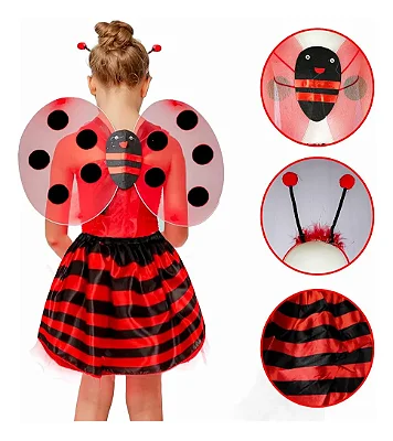 Kit Joaninha Infantil – Asa, Saia, Tiara e Varinha (4 Peças)