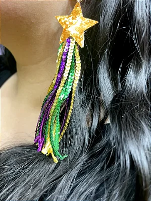Brincos Estrela Dourada Mardi Gras com Lantejoulas Coloridas – 25 cm (Par)