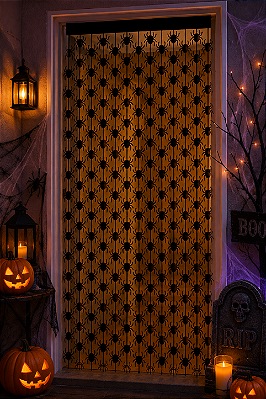 Cortina Metalizada Aranha Preta para Decoração Halloween – 1x2 Metros