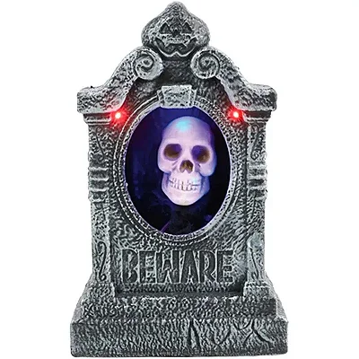 Decoração Halloween Túmulo Lápide Animatrônica “Beware” com Caveira – Luz, Som e Movimento