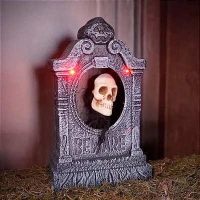 Decoração Halloween Túmulo Lápide Animatrônica “Beware” com Caveira – Luz, Som e Movimento