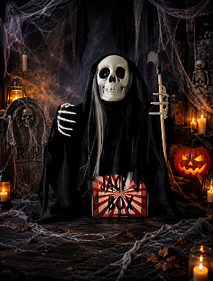 Assombração Animada Esqueleto na Caixa Halloween com Luz e Movimento – 44cm