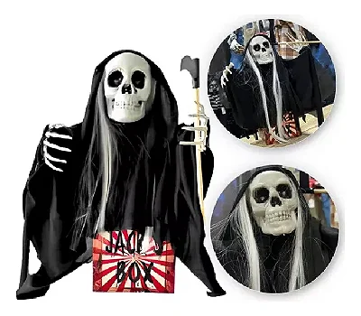 Assombração Animada Esqueleto na Caixa Halloween com Luz e Movimento – 44cm