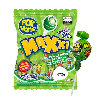 Pirulito Pop Mania Maxxi Maçã Verde Riclan 672g – Pacote com 24 Unidades