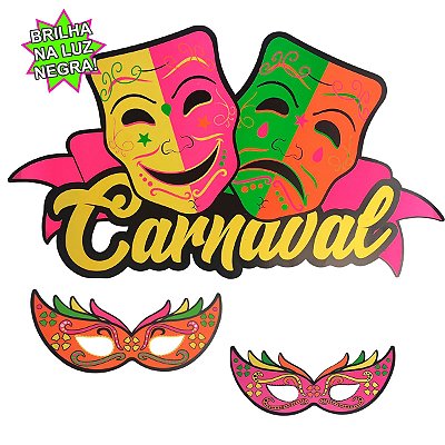 Painel Carnavalesco Máscaras Tragédia e Comédia Neon – 64x40cm