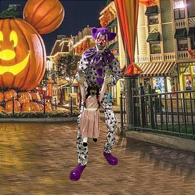 Palhaço Guss Animatrônico 210 cm com Menina – Som, Movimento e Gritos – Halloween