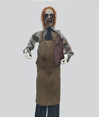 Zumbi Açougueiro Animado Halloween – 1,75m – Som, Luz e Movimento