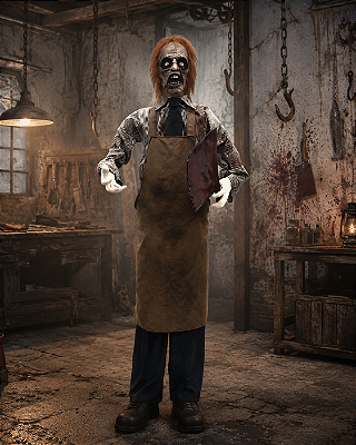 Zumbi Açougueiro Animado Halloween 1,75m – Som, Luz e Movimento