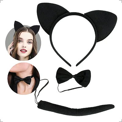 Kit Gatinha Preta Carnaval 3 Peças (Tiara, Gravatinha e Rabinho)