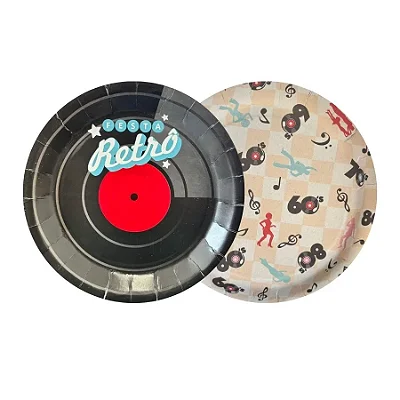 Prato de Papel Redondo - Festa Retrô - 18cm - 8 Unidades