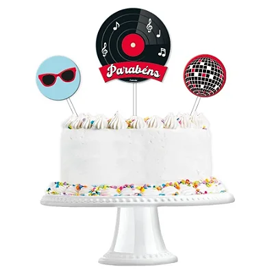 Topo de Bolo Festa Retrô - 3 Unidades (1 Topo de Bolo e 2 Decorações)