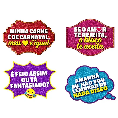 Plaquinhas para Foto com Frases de Carnaval – 4 Unidades