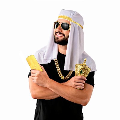 Turbante Sheik Árabe Masculino Adulto Branco e Dourado de Luxo