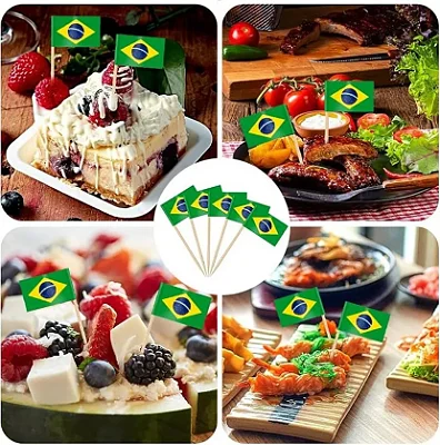 Palitos de Dente Decorativos com Bandeirinhas do Brasil – 100 Unidades