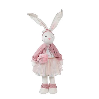 Coelha Decorativa em Pé com Bolsa 84cm Tecido Branco/Rosa – Happy Spring