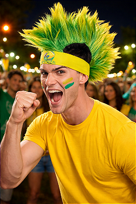 Peruca Moicano Brasil Verde e Amarelo com Faixa – Acessório para Torcida