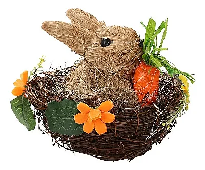 Enfeite de Páscoa Coelho com Cenoura Beje 15cm – Decoração Rústica e Charmosa
