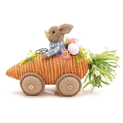 Coelho Decorativo no Carro de Cenoura Azul 25cm – Enfeite de Páscoa Encantador