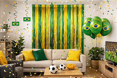 Cortina Decorativa Metalizada Verde e Amarela - 1x2 Metros