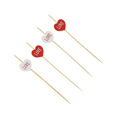 Palito de Bambu para Petiscos Coração Branco e Vermelho 12cm – 20 Unidades