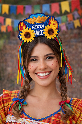 Tiara Junina Girassol com Fitilhos Coloridos – Acessório Festa Junina