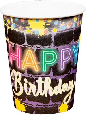 Copo de Papel Happy Birthday Preto 270ml – 10 Unidades