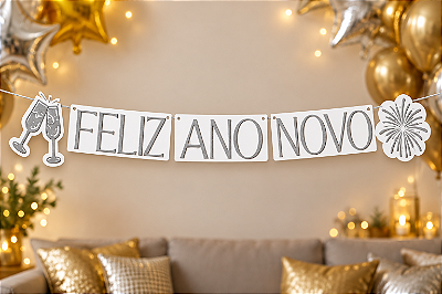 Faixa Decorativa Feliz Ano Novo Branca e Dourada 1,40m – Decoração de Réveillon