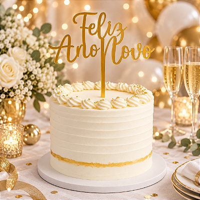 Topo de Bolo Feliz Ano Novo Acrílico Dourado 15cm – Decoração Réveillon