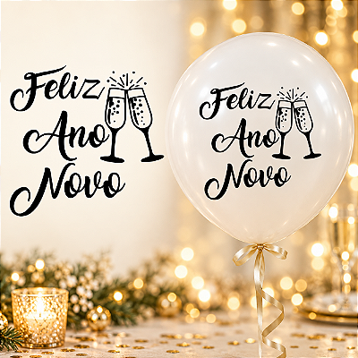 Adesivo para Balão Feliz Ano Novo Preto 17cm – Decoração Réveillon