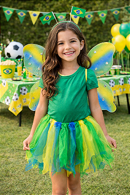 Kit Fantasia Brasil Infantil Saia, Asa, Tiara e Varinha 30cm – Verde e Amarelo