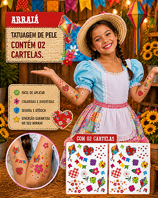 Tatuagem de Pele Festa Junina com 2 Cartelas – Adesivos Temáticos São João