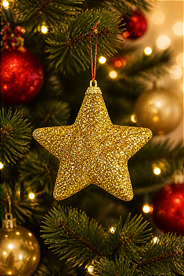 Pendente Estrela "Feliz Natal" Dourado – 10cm