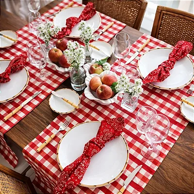 Caminho de Mesa Xadrez Vermelho 138x33cm – Decoração Festa Junina - 2 Unidades