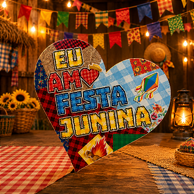 Enfeite De Mesa Em EVA Coração "Eu Amo Festa Junina" 15x15cm - Sortidos