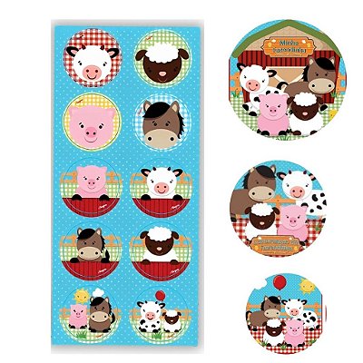 Adesivo Redondo Festa Fazendinha - 3 Cartelas Com 10 Adesivos Cada (30 Unidades)