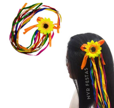 Presilha Girassol Festa Junina para Cabelo com Fitas em Tecido