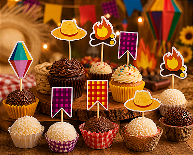 Topper Junino Divertido Sortido com 24 Unidades para Doces e Cupcakes