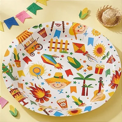 Prato de Papel Redondo Festa Junina 18cm - 8 Unidades