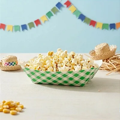 Bandeja de Papel Xadrez Verde Festa Junina 15,3x12,5cm – Kit com 10 Unidades para Doces e Lembrancinhas