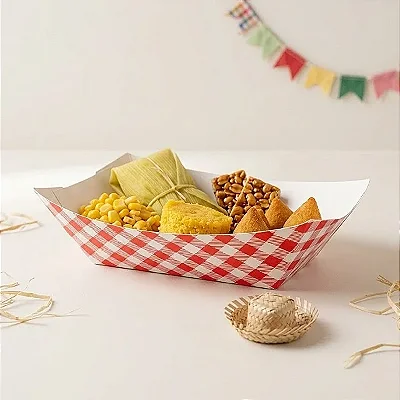 Bandeja de Papel Xadrez Vermelho Festa Junina 15,3x12,5cm – Kit com 10 Unidades para Doces e Lembrancinhas