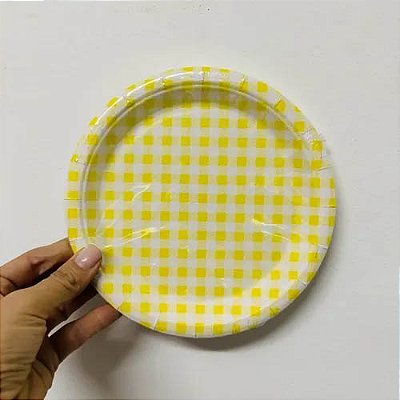 Prato de Papel Xadrez Amarelo 18cm - 8 Unidades