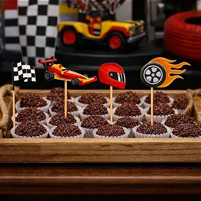 Topper para Docinhos Carros de Corrida – 12 Palitos Decorativos para Festa Infantil
