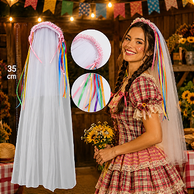 Véu de Noiva Festa Junina com Fitas Coloridas – Acessório Quadrilha - 1 Unidade