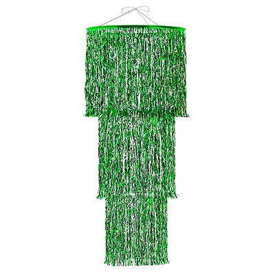 Enfeite De Teto Lustre Metalizado Grande Com Franja Verde - 80cm