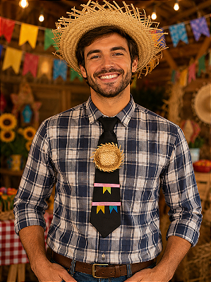 Gravata Junina de Poliester com Chapeuzinho de Palha – 35cm