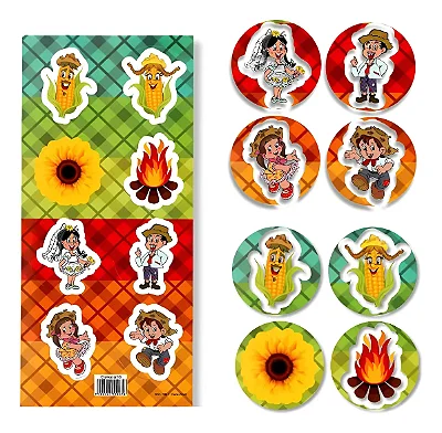 Adesivos Redondos Festa Junina – 2 Cartelas Com 8 Adesivos Cada (16 no total)